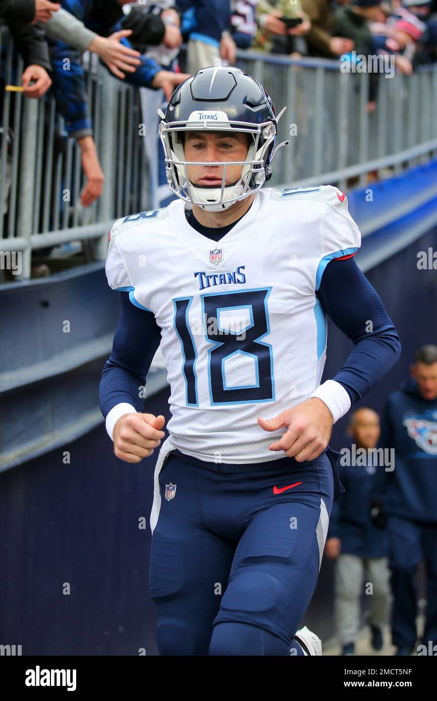 Tennessee Titans quarterback Kevin Hogan (18) runs onto the field prior to  an NFL football game against the New England Patriots, Sunday, Nov. 28,  2021, in Foxborough, Mass. (AP Photo/Stew Milne Stock
