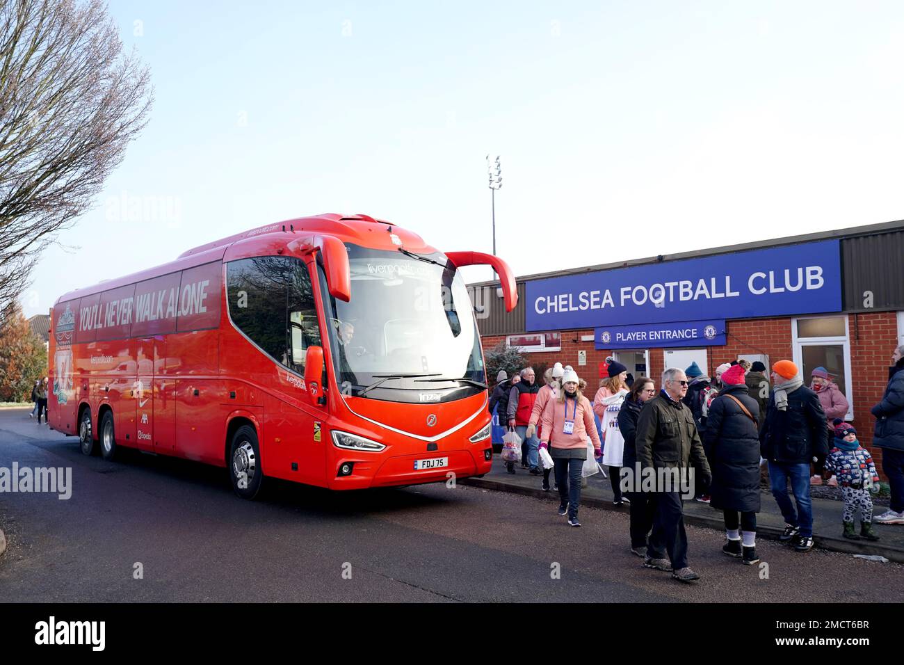 The Liverpool team coach arrives ahead of the Barclays Women's Super League match at Kingsmeadow, London. Picture date: Sunday January 22, 2023. Stock Photo