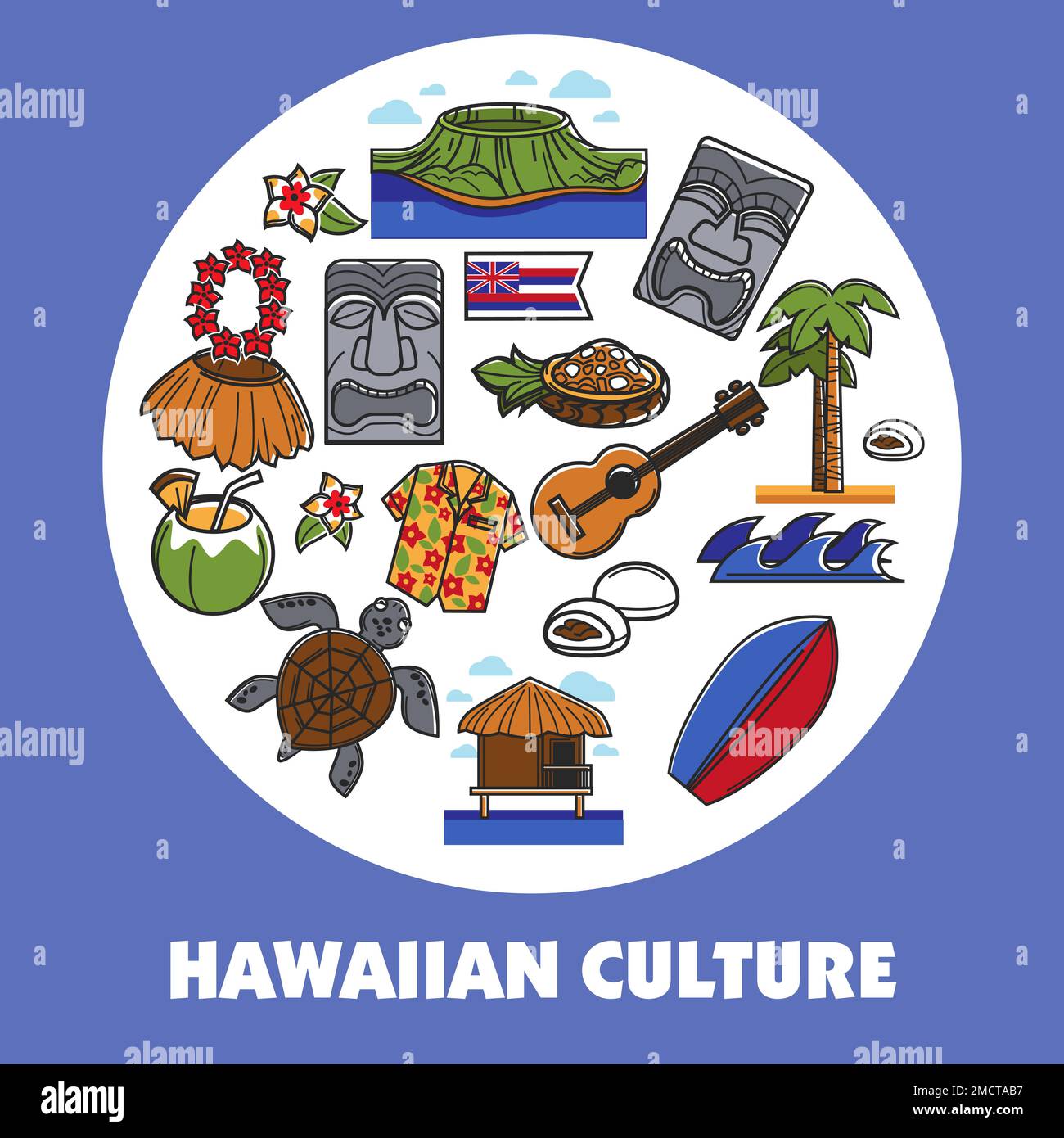 Hawaiian symbols Hawaii culture traveling and tourism poster Stock