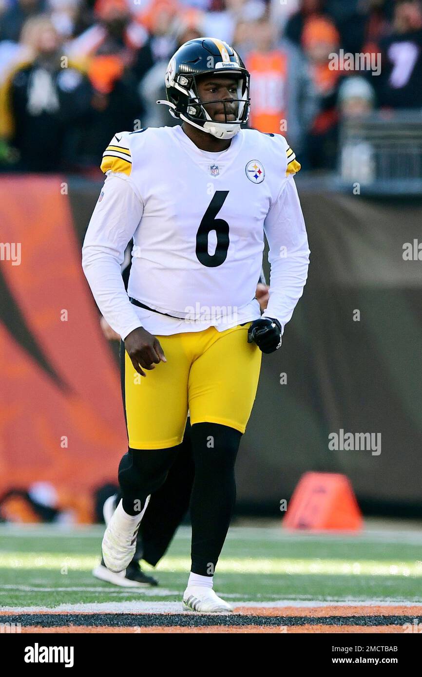 Pittsburgh Steelers punter Pressley Harvin III (6) runs for the play during  an NFL football game against the Cincinnati Bengals, Sunday, Nov. 28, 2021,  in Cincinnati. (AP Photo/Emilee Chinn Stock Photo - Alamy