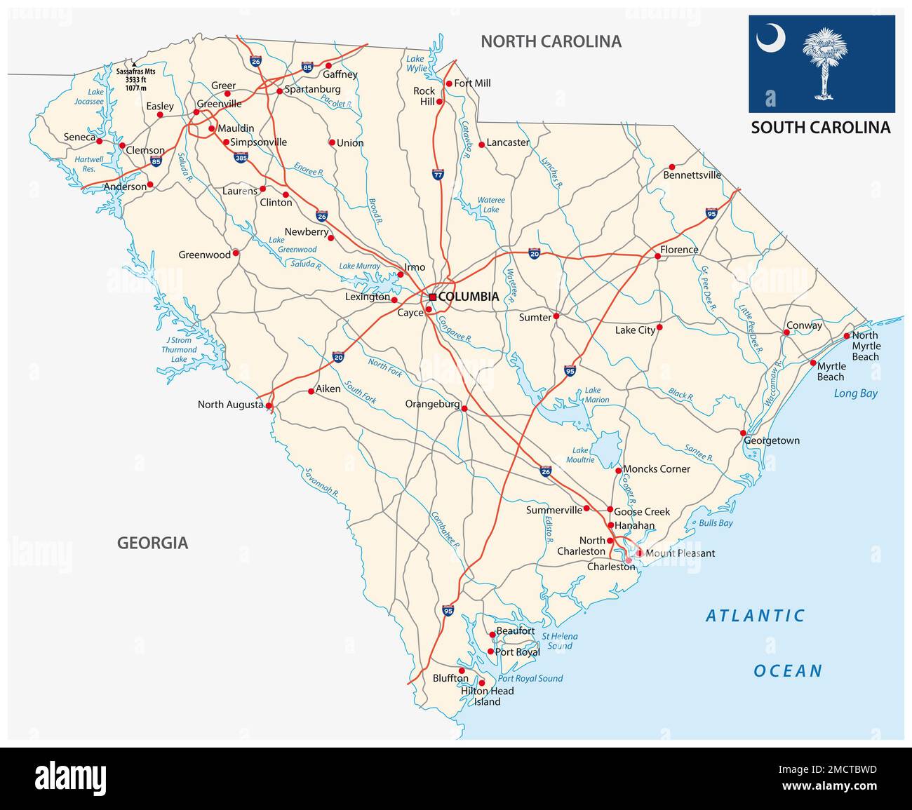 south carolina federal state road vector map with flag Stock Photo
