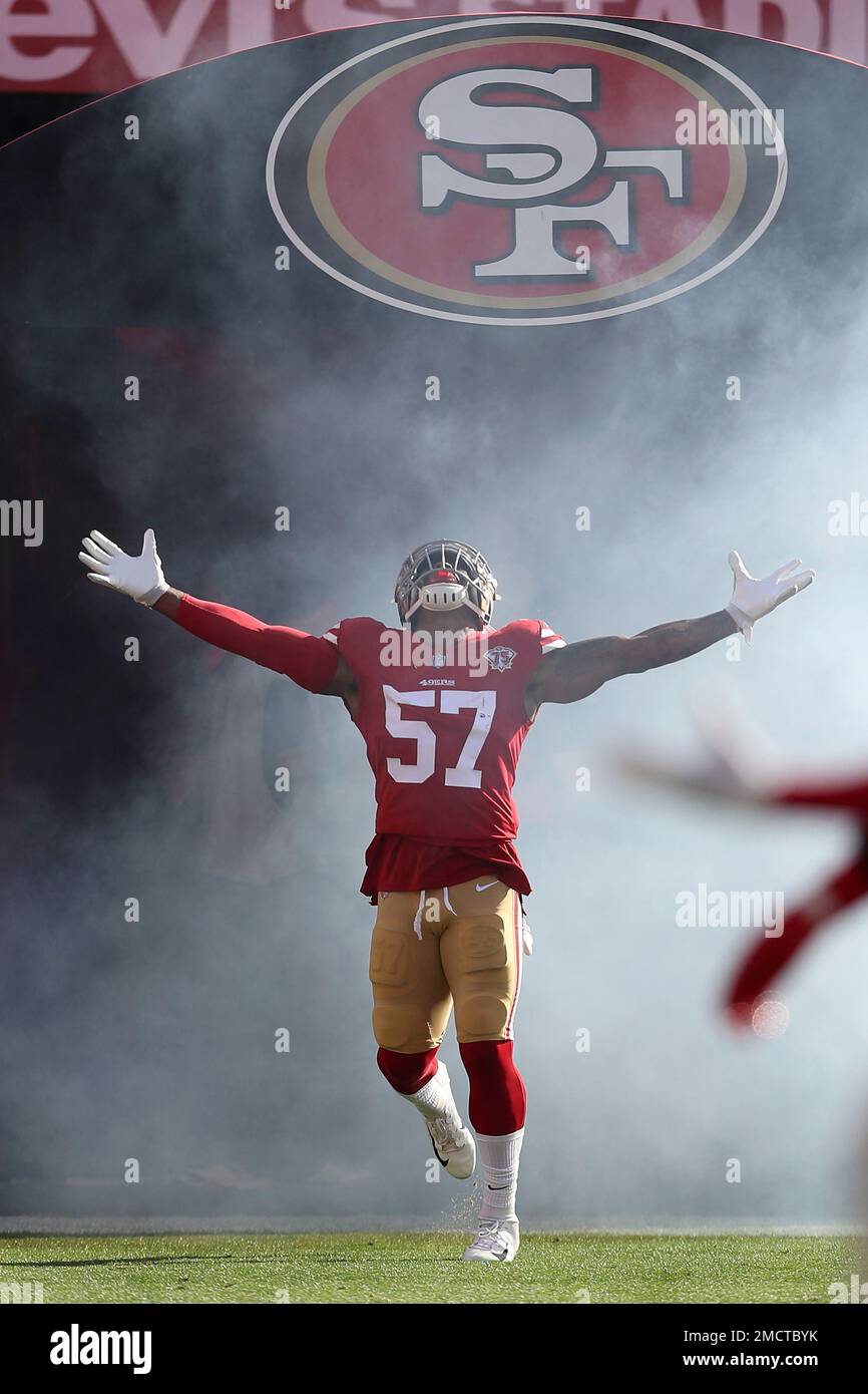 San Francisco 49ers linebacker Dre Greenlaw (57) lines up to take on the  Los Angeles Rams during the NFL NFC Championship game, Sunday, Jan. 30, 2022  in Inglewood, Calif. The Rams defeated