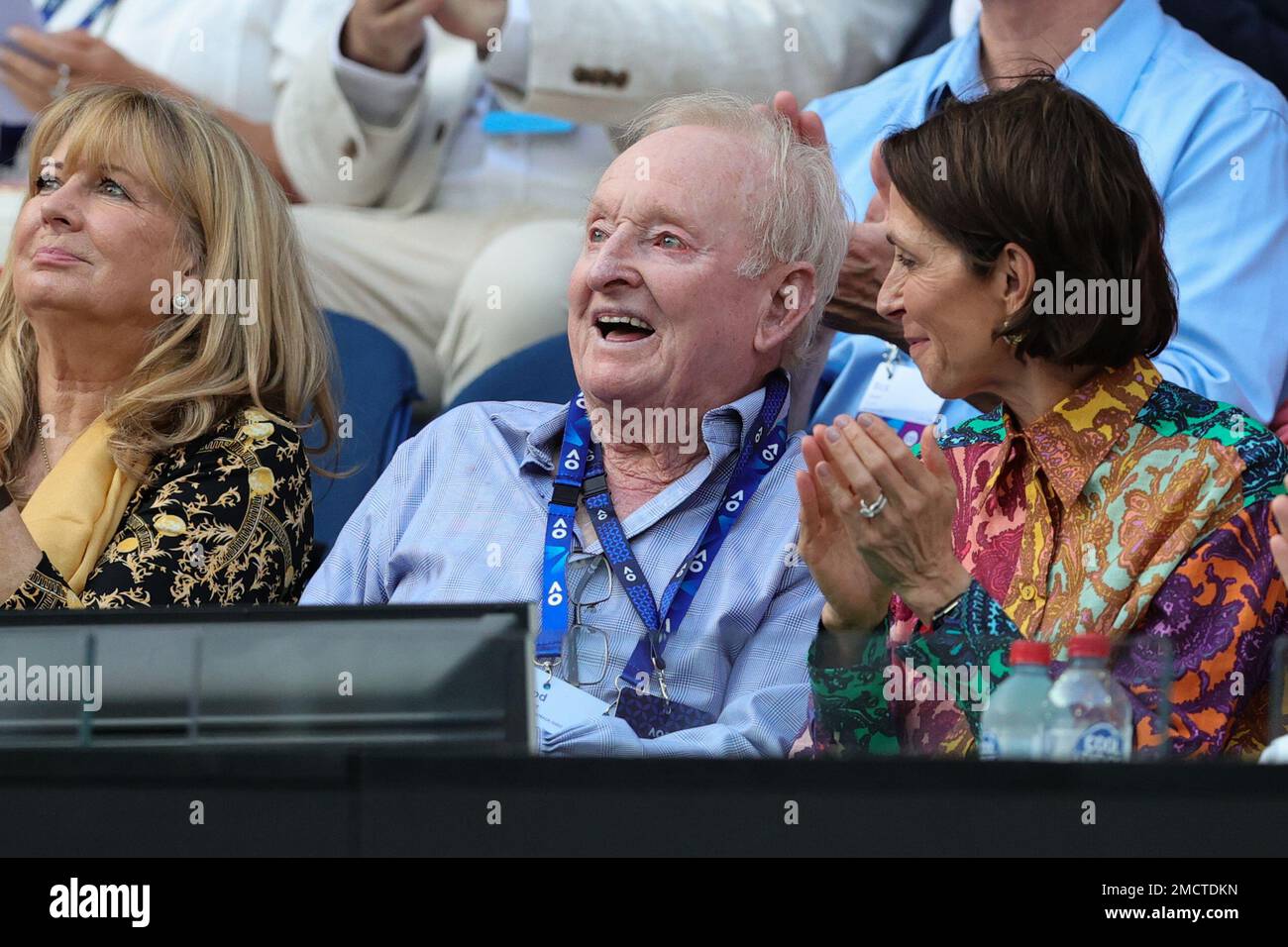 Melbourne, Australia. 22nd Jan, 2023. Rod Laver attending the round 4 match between Stefanos Tsitsipas of Greece and Jannick Sinner of Italy, Day 6 at the Australian Open Tennis 2023 at Rod Laver Arena, Melbourne, Australia on 22 January 2023. Photo by Peter Dovgan. Editorial use only, license required for commercial use. No use in betting, games or a single club/league/player publications. Credit: UK Sports Pics Ltd/Alamy Live News Stock Photo