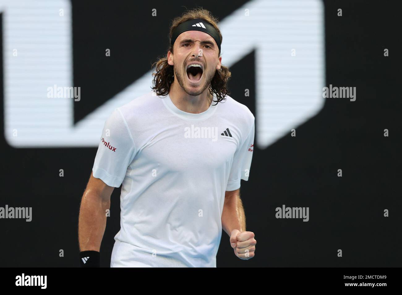 Melbourne, Australia. 22nd Jan, 2023. Stefanos Tsitsipas of Greece reacts during round 4 match between Stefanos Tsitsipas of Greece and Jannick Sinner of Italy, Day 6 at the Australian Open Tennis 2023 at Rod Laver Arena, Melbourne, Australia on 22 January 2023. Photo by Peter Dovgan. Editorial use only, license required for commercial use. No use in betting, games or a single club/league/player publications. Credit: UK Sports Pics Ltd/Alamy Live News Stock Photo