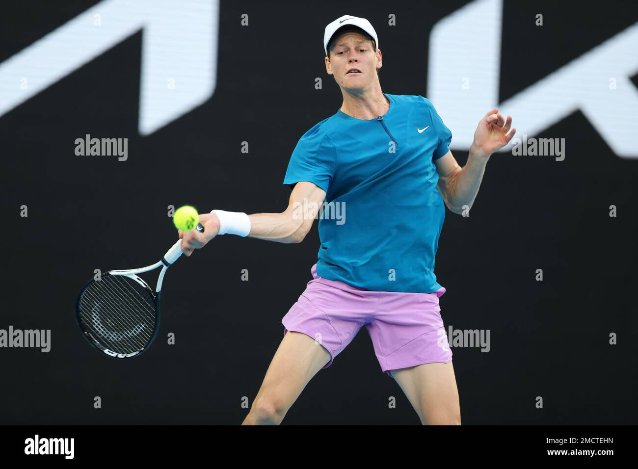 Melbourne, Australia. 22nd Jan, 2023. Jannick Sinner of Italy in action during round 4 match between Stefanos Tsitsipas of Greece and Jannick Sinner of Italy, Day 6 at the Australian Open Tennis 2023 at Rod Laver Arena, Melbourne, Australia on 22 January 2023. Photo by Peter Dovgan. Editorial use only, license required for commercial use. No use in betting, games or a single club/league/player publications. Credit: UK Sports Pics Ltd/Alamy Live News Stock Photo