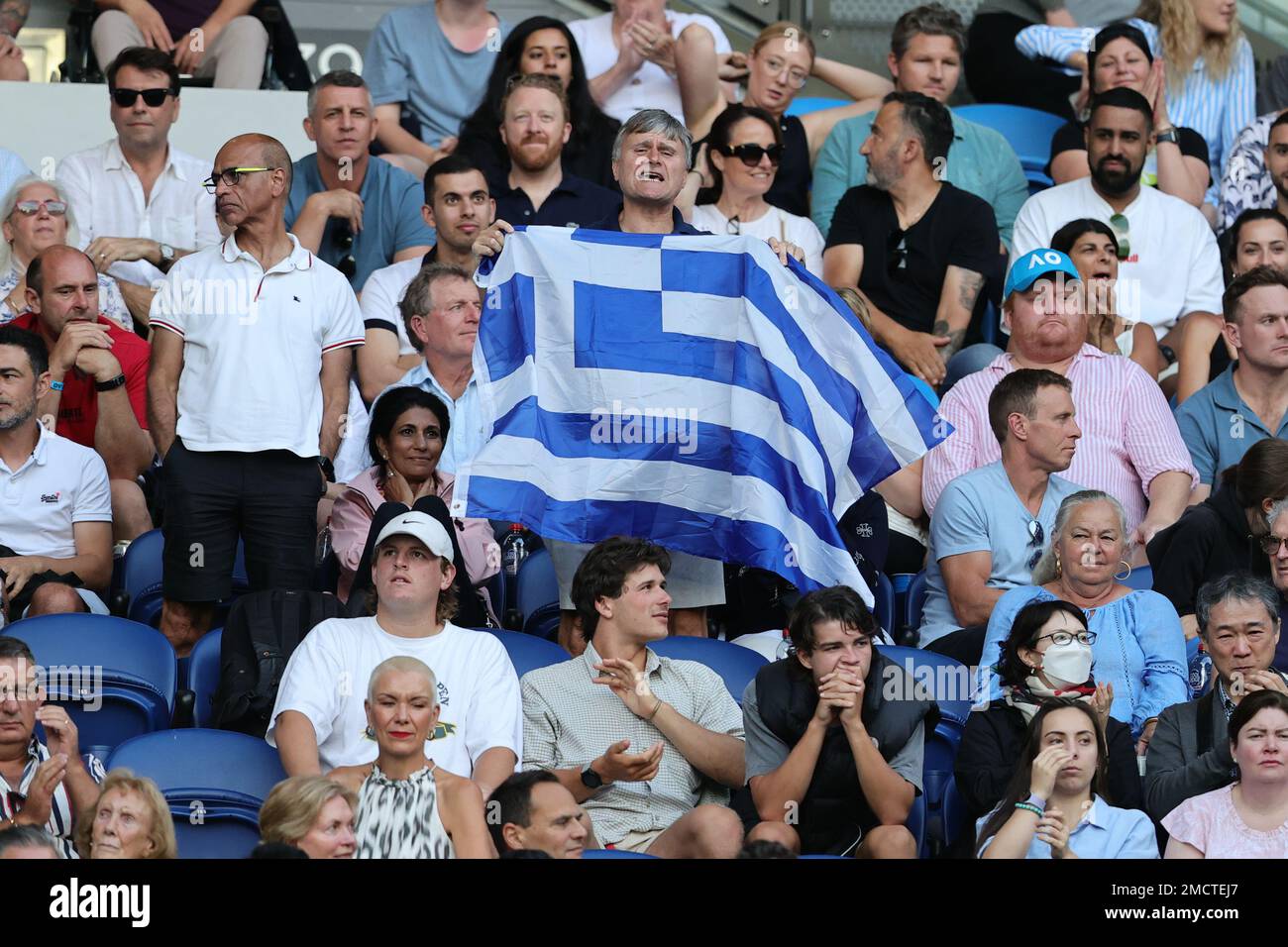 Melbourne, Australia. 22nd Jan, 2023. Greek fans during round 4 match between Stefanos Tsitsipas of Greece and Jannick Sinner of Italy, Day 6 at the Australian Open Tennis 2023 at Rod Laver Arena, Melbourne, Australia on 22 January 2023. Photo by Peter Dovgan. Editorial use only, license required for commercial use. No use in betting, games or a single club/league/player publications. Credit: UK Sports Pics Ltd/Alamy Live News Stock Photo