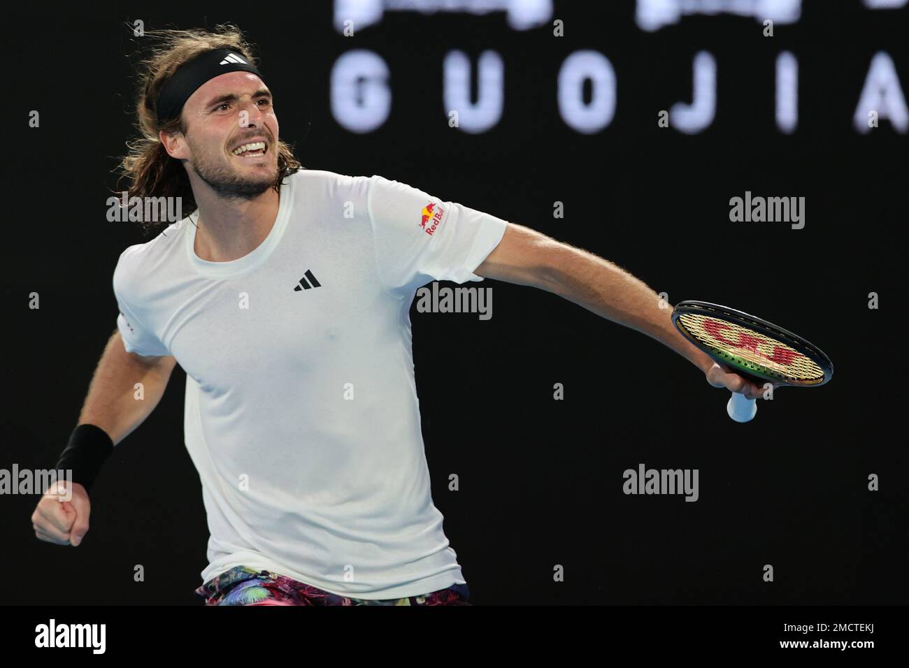 Melbourne, Australia. 22nd Jan, 2023. Stefanos Tsitsipas of Greece reacts during round 4 match between Stefanos Tsitsipas of Greece and Jannick Sinner of Italy, Day 6 at the Australian Open Tennis 2023 at Rod Laver Arena, Melbourne, Australia on 22 January 2023. Photo by Peter Dovgan. Editorial use only, license required for commercial use. No use in betting, games or a single club/league/player publications. Credit: UK Sports Pics Ltd/Alamy Live News Stock Photo