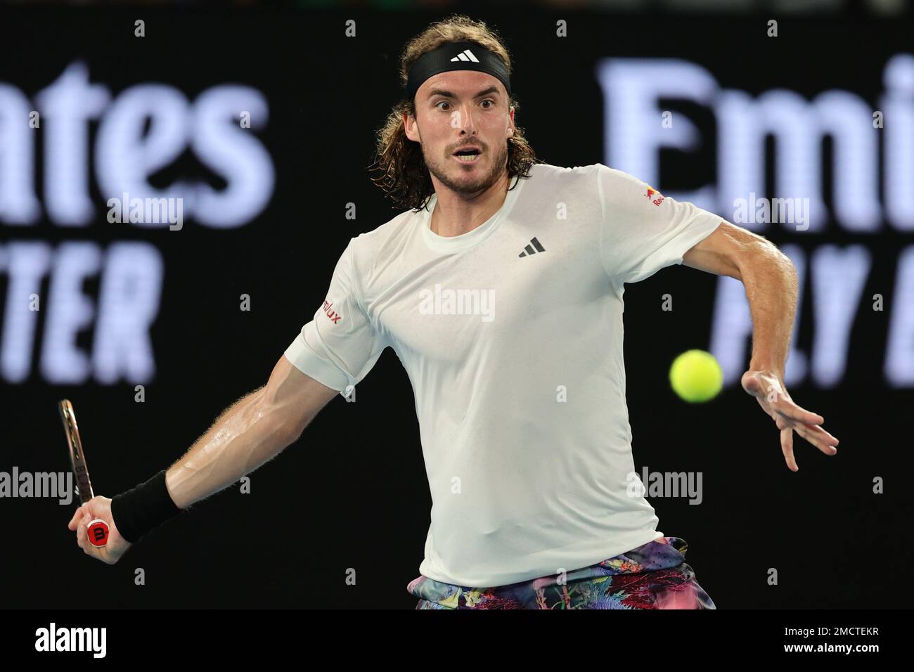 Melbourne, Australia. 22nd Jan, 2023. Stefanos Tsitsipas of Greece in action during round 4 match between Stefanos Tsitsipas of Greece and Jannick Sinner of Italy, Day 6 at the Australian Open Tennis 2023 at Rod Laver Arena, Melbourne, Australia on 22 January 2023. Photo by Peter Dovgan. Editorial use only, license required for commercial use. No use in betting, games or a single club/league/player publications. Credit: UK Sports Pics Ltd/Alamy Live News Stock Photo