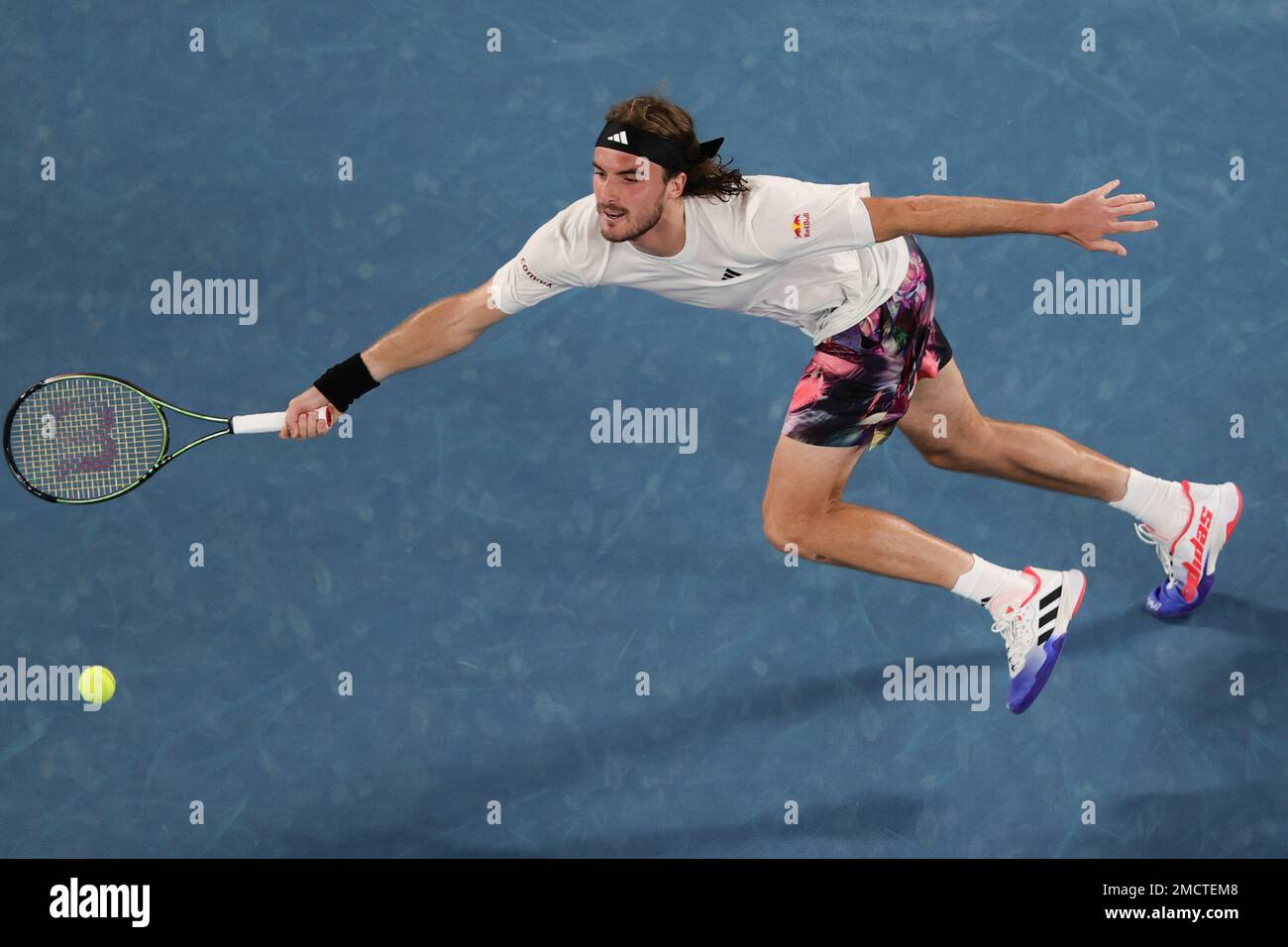 Melbourne, Australia. 22nd Jan, 2023. Stefanos Tsitsipas of Greece in action during round 4 match between Stefanos Tsitsipas of Greece and Jannick Sinner of Italy, Day 6 at the Australian Open Tennis 2023 at Rod Laver Arena, Melbourne, Australia on 22 January 2023. Photo by Peter Dovgan. Editorial use only, license required for commercial use. No use in betting, games or a single club/league/player publications. Credit: UK Sports Pics Ltd/Alamy Live News Stock Photo