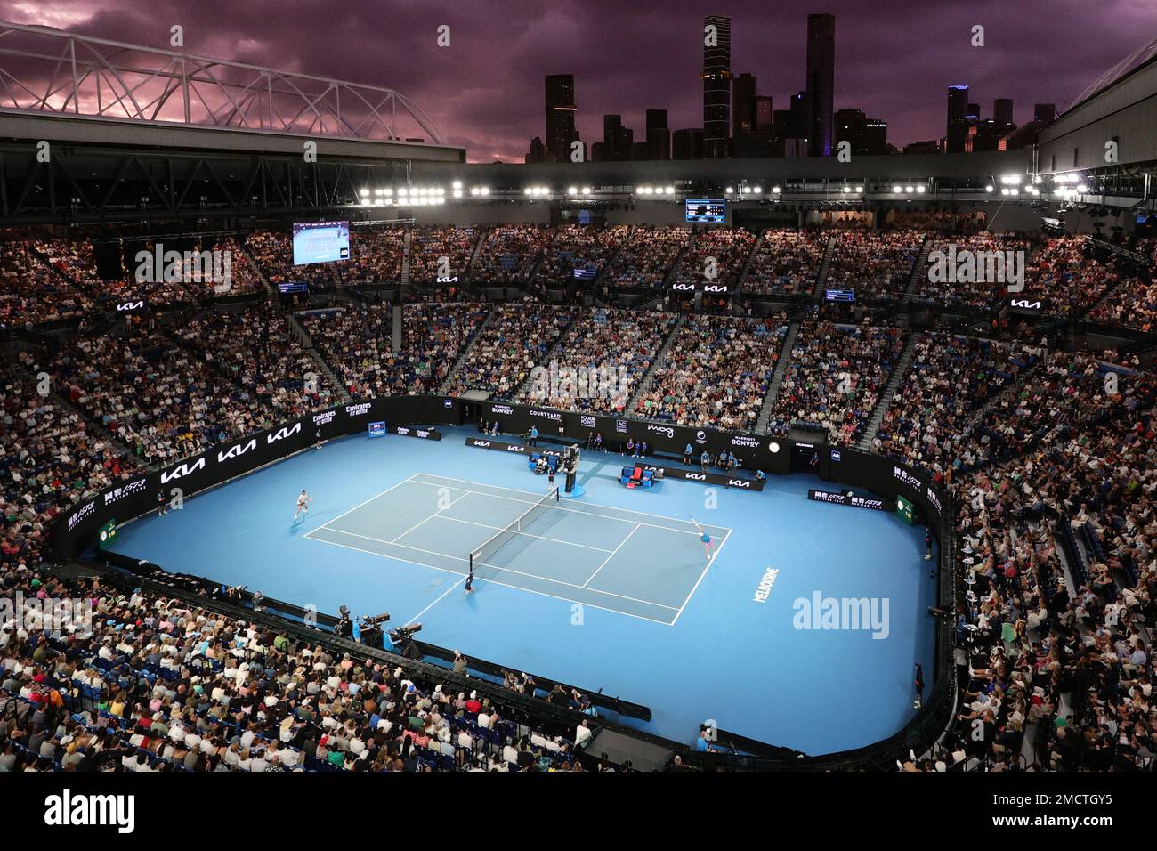 Melbourne, Australia. 22nd Jan, 2023. View from catwalk of Rod Laver Arena during round 4 match between Stefanos Tsitsipas of Greece and Jannick Sinner of Italy, Day 6 at the Australian Open Tennis 2023 at Rod Laver Arena, Melbourne, Australia on 22 January 2023. Photo by Peter Dovgan. Editorial use only, license required for commercial use. No use in betting, games or a single club/league/player publications. Credit: UK Sports Pics Ltd/Alamy Live News Stock Photo
