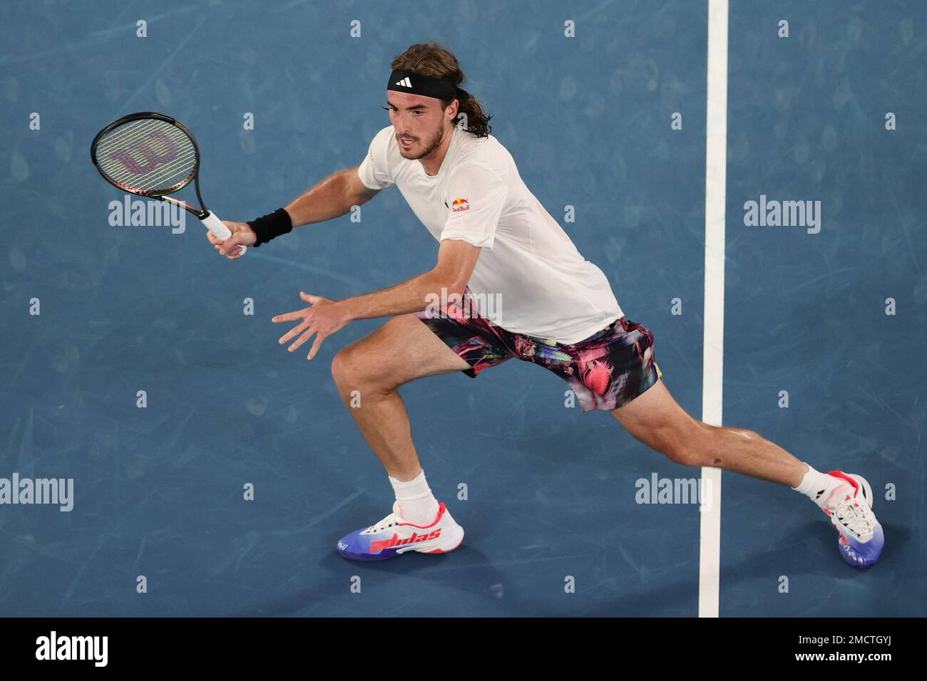 Melbourne, Australia. 22nd Jan, 2023. Stefanos Tsitsipas of Greece in action during round 4 match between Stefanos Tsitsipas of Greece and Jannick Sinner of Italy, Day 6 at the Australian Open Tennis 2023 at Rod Laver Arena, Melbourne, Australia on 22 January 2023. Photo by Peter Dovgan. Editorial use only, license required for commercial use. No use in betting, games or a single club/league/player publications. Credit: UK Sports Pics Ltd/Alamy Live News Stock Photo