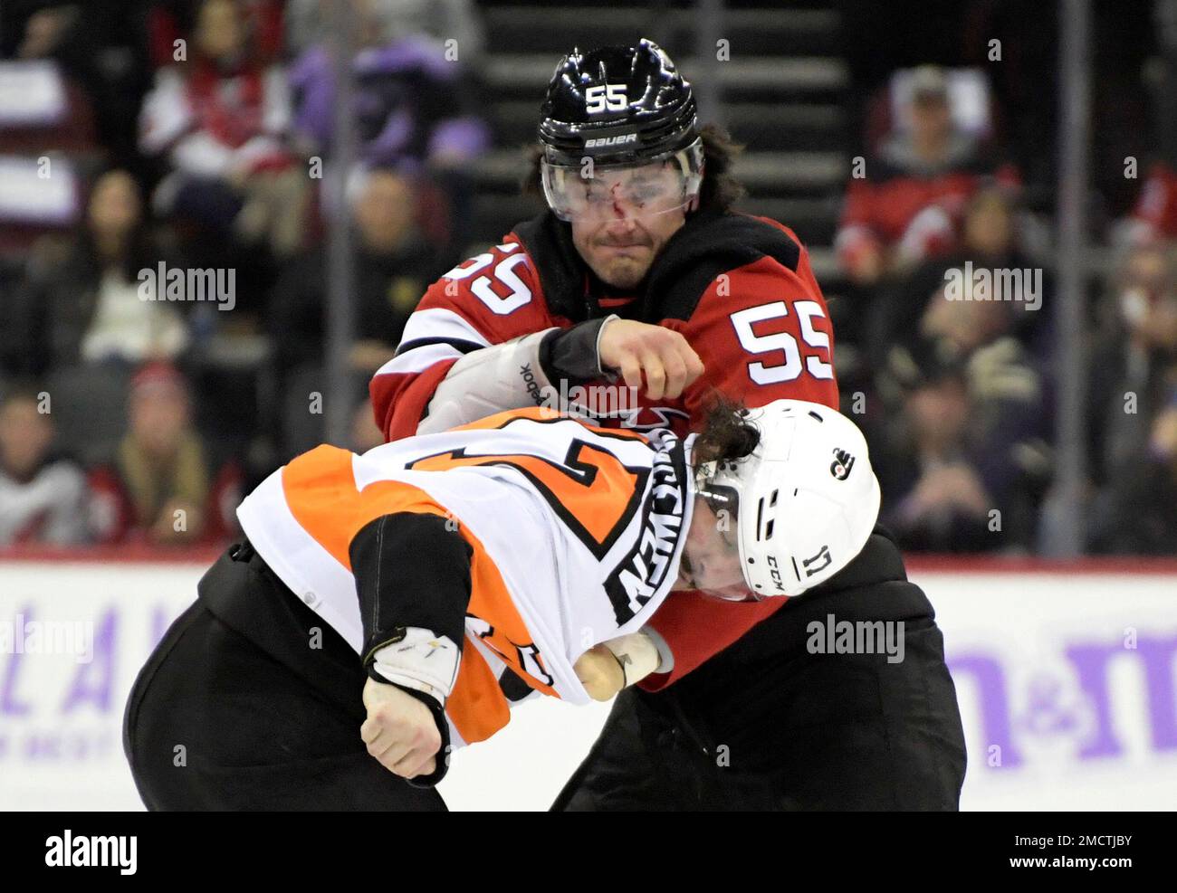 New Jersey Devils defenseman Mason Geertsen (55) and Philadelphia