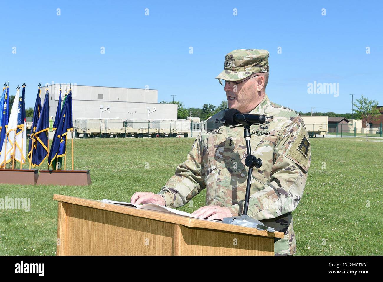 Maj. Gen. Jeffrey Jurasek, Deputy Commanding General for Support, First Army, gives remarks during the 85th U.S. Army Reserve Support Command’s Assumption of Command ceremony, July 9, 2022, at the 85th USARSC headquarters. Brig. Gen. Richard W. Corner, II, Commanding General, 85th USARSC, assumed command during the Command’s July battle assembly. Stock Photo