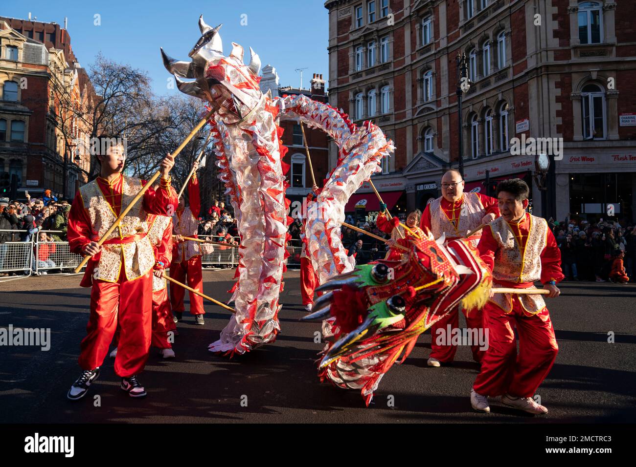 Performers taking part in a parade involving costumes, lion dances and floats, during Chinese New Year celebrations in London, marking the year of the rabbit. Picture date: Sunday January 22, 2023. Stock Photo