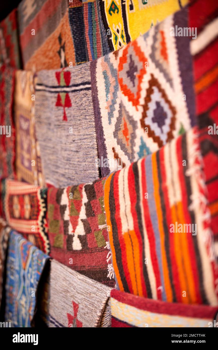 Colorful handmade woolen bedouin rugs, Petra, Jordan Stock Photo