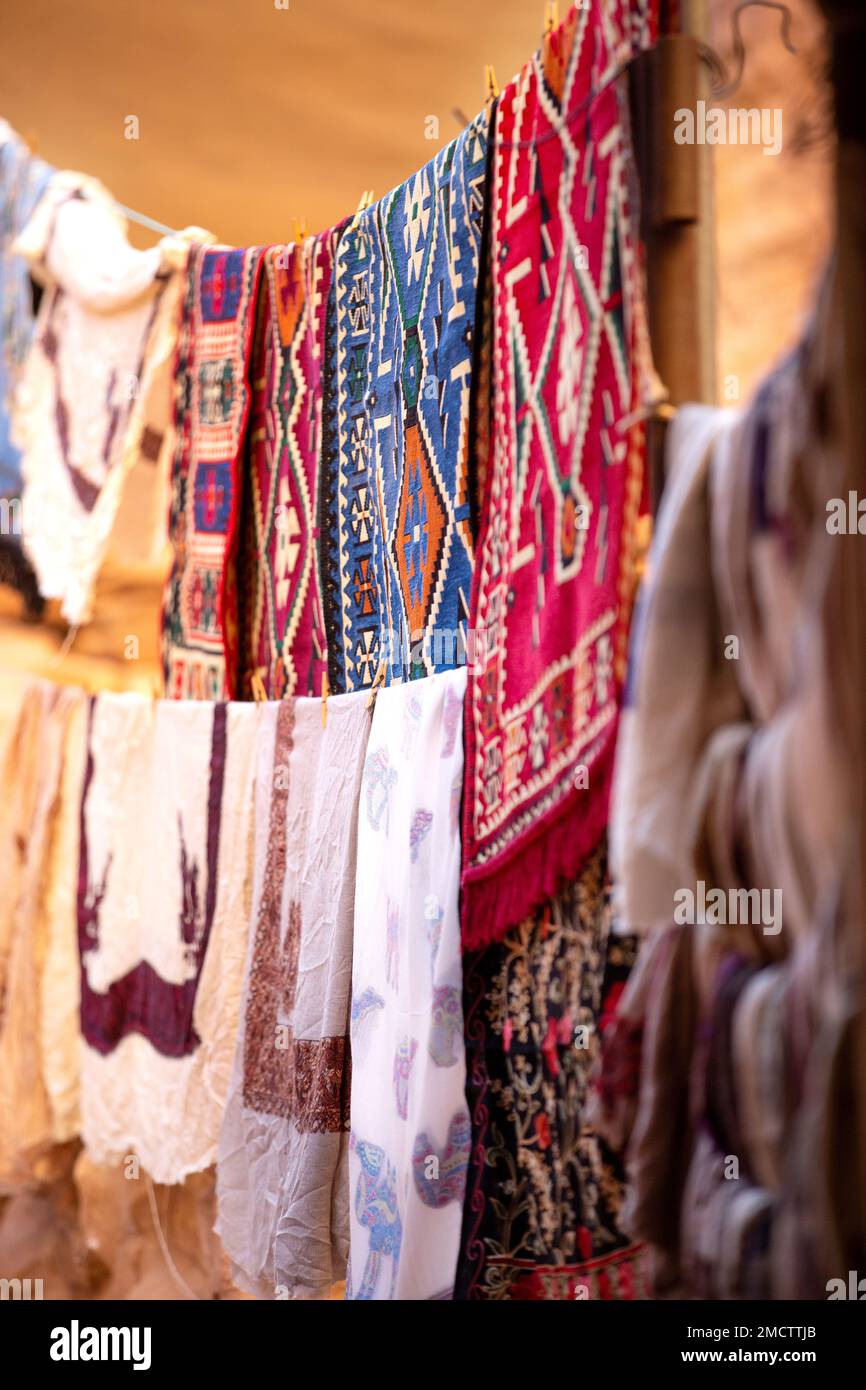 Colorful handmade woolen bedouin rugs, Petra, Jordan Stock Photo