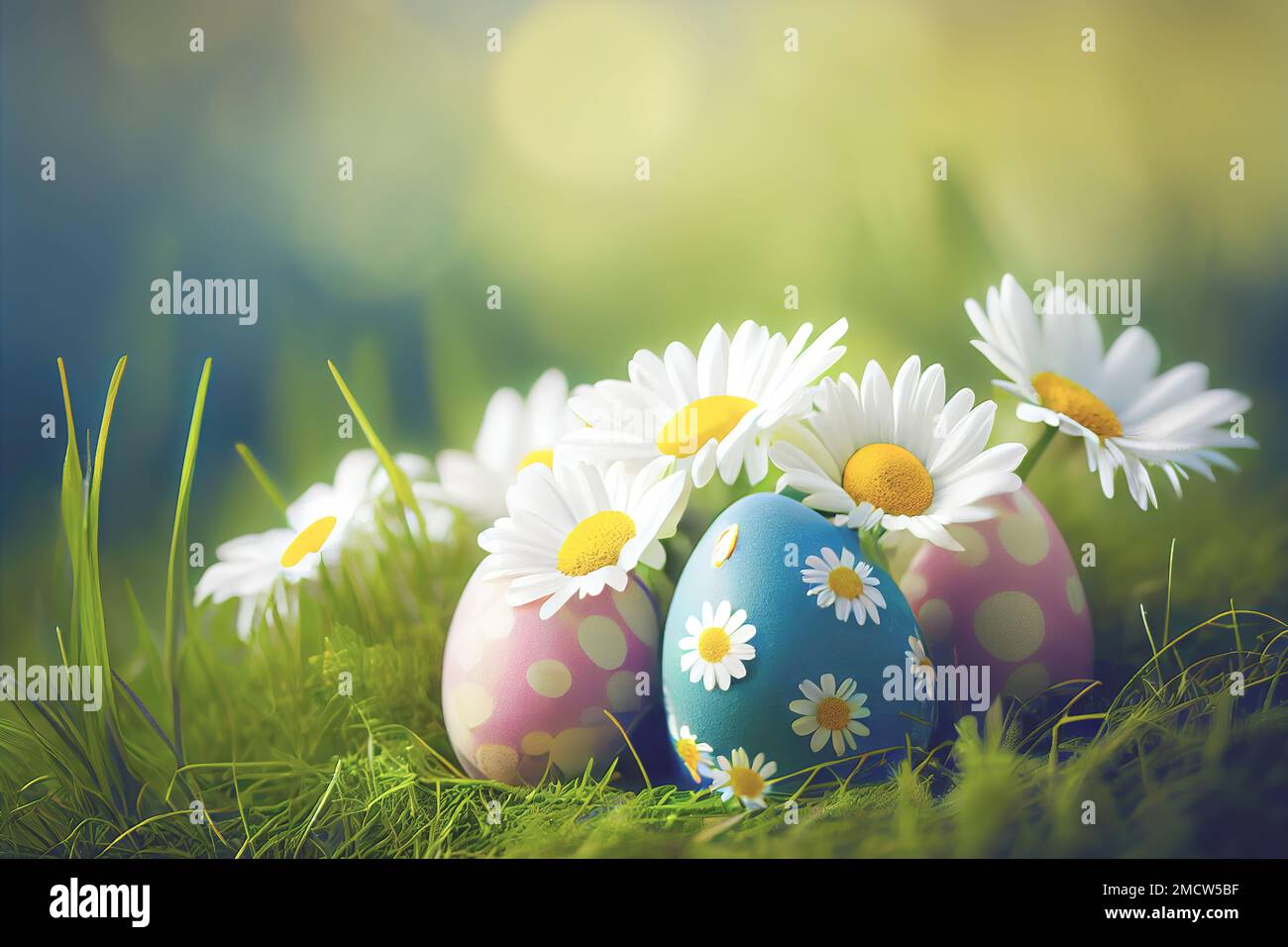 Colorful Easter eggs among daisies in green grass field with copy space ...