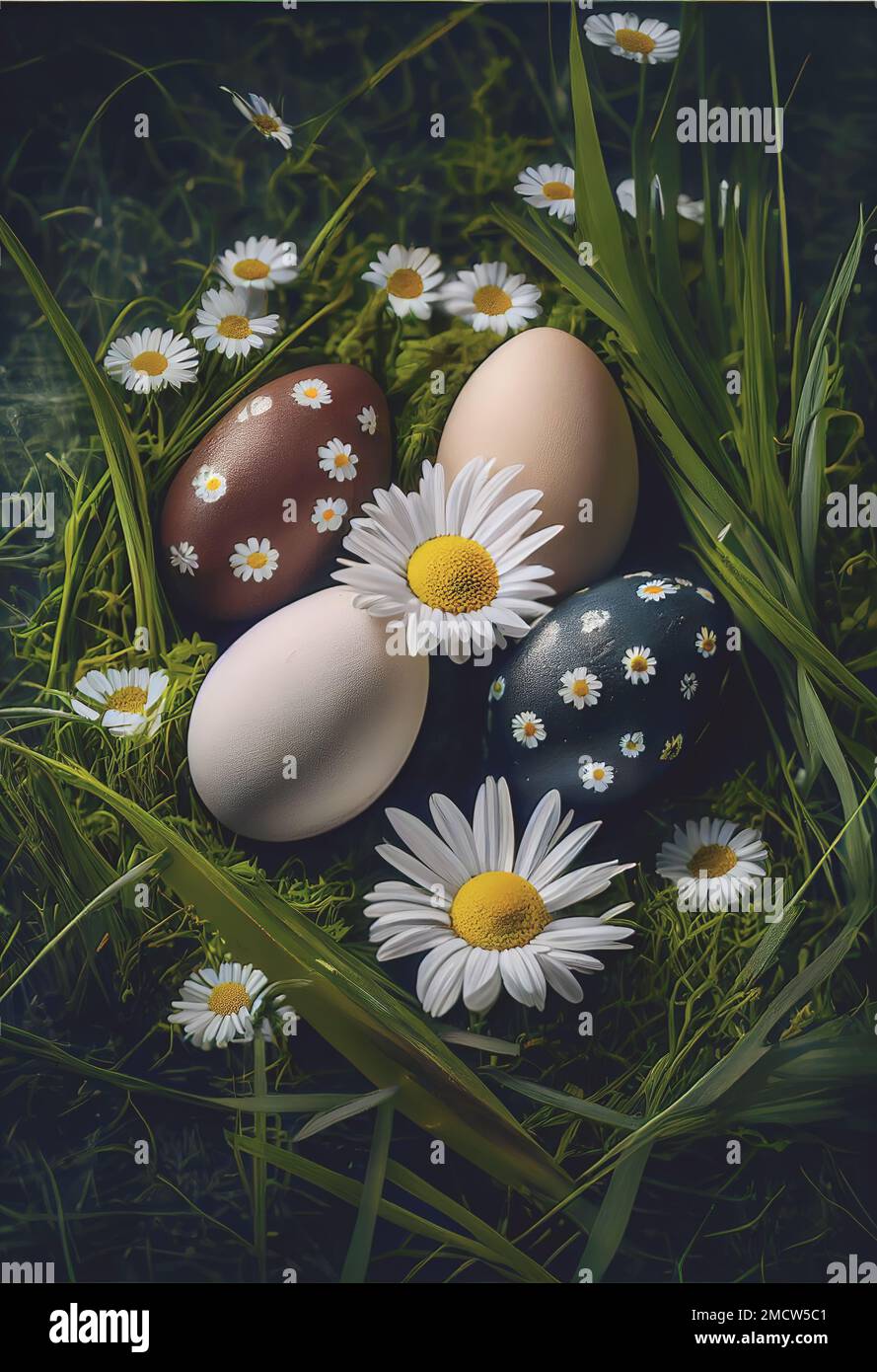 Colorful Easter eggs among daisies in green grass field with copy space ...