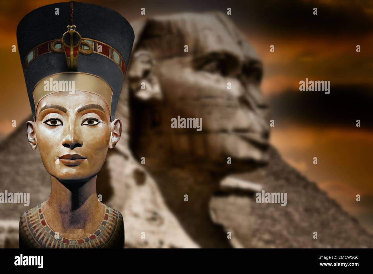 Bust of the famous Egyptian queen against the background of the sphinx Stock Photo