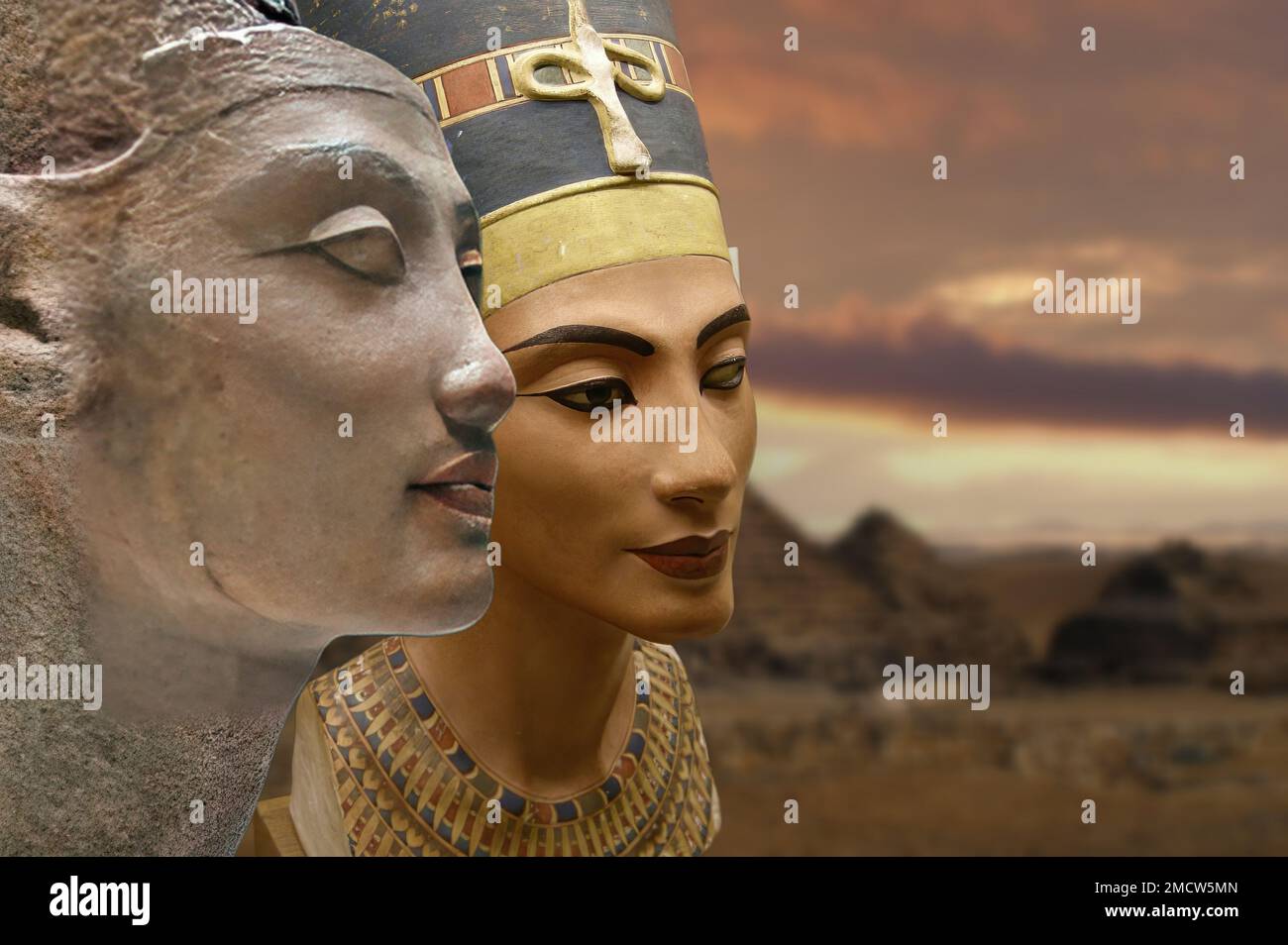 The original bust and a statue of the famous Egyptian queen Nefertiti