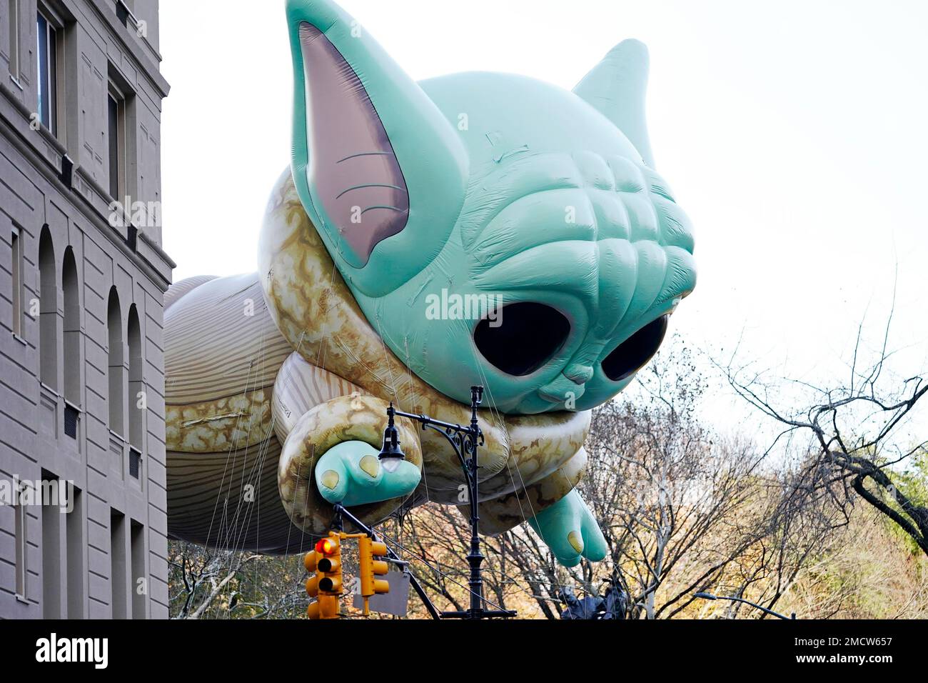 The Grogu or Baby Yoda balloon floats in the Macy's Thanksgiving Day Parade on Thursday, Nov. 25