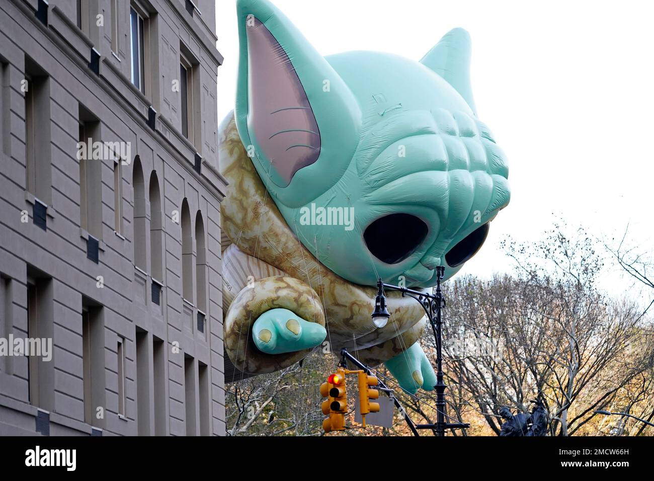 The Grogu or Baby Yoda balloon floats in the Macy's Thanksgiving Day Parade on Thursday, Nov. 25