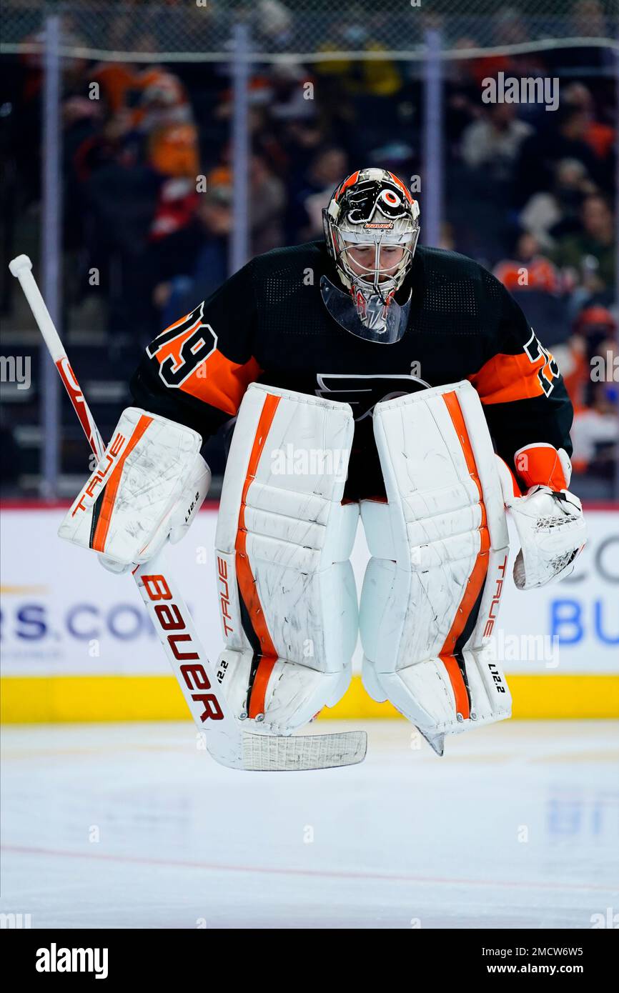 Philadelphia Flyers' Carter Hart stretches before an NHL hockey game  against the Buffalo Sabres, Tuesday, March 9, 2021, in Philadelphia. (AP  Photo/Matt Slocum Stock Photo - Alamy