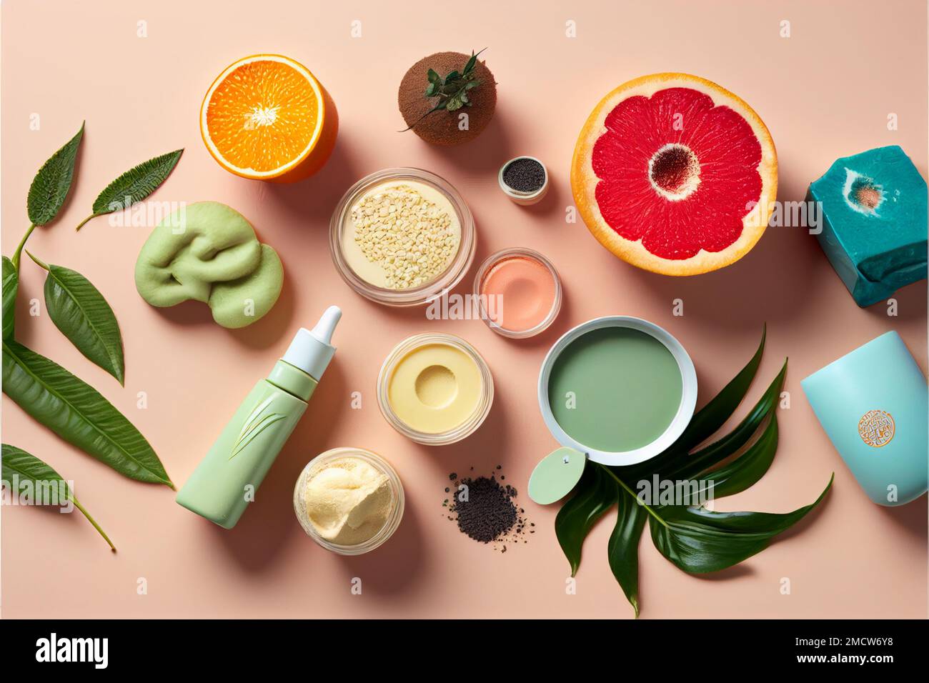 A top view of Cosmetic skincare ingredients with healthy elements, Orange, Grapefruit and avocado Stock Photo