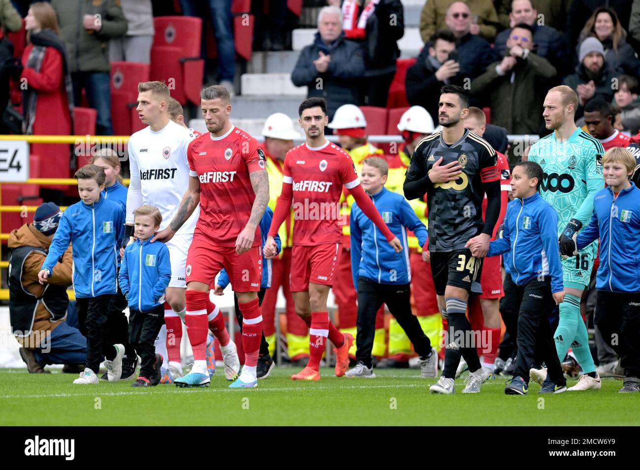 ANTWERP Royal Antwerp players walk onto the pitch ahead of the