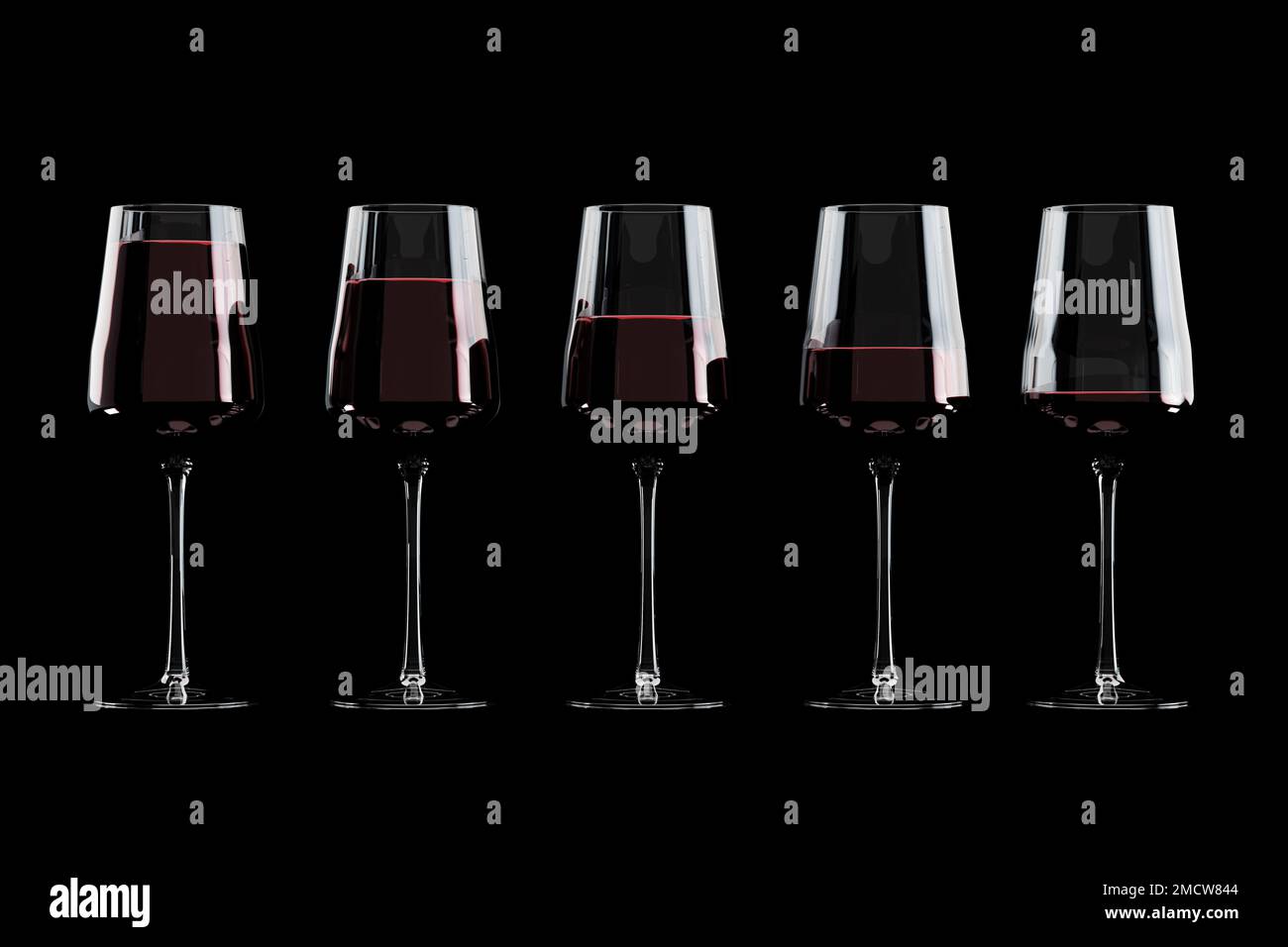 Glasses of wine with different serving size on black background Stock Photo