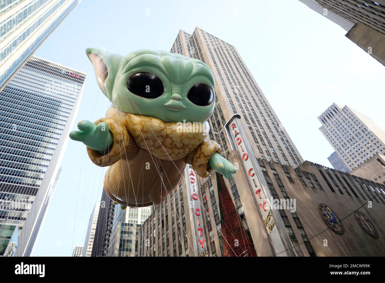The Grogu or Baby Yoda balloon floats in the Macy's Thanksgiving Day Parade on Thursday, Nov. 25