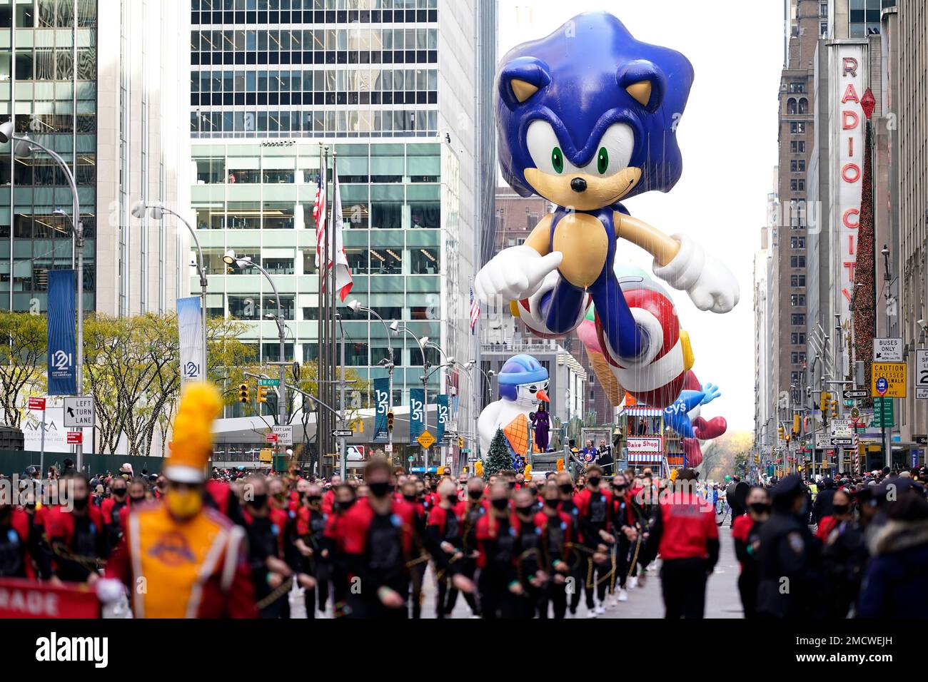 The Sonic the Hedgehog balloon floats in the Macy's Thanksgiving Day
