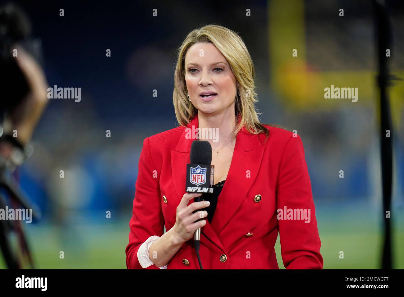 NFL Network reporter Stacey Dales is seen during pregame of an NFL football  game between the Detroit Lions and the Chicago Bears, Thursday, Nov. 25,  2021, in Detroit. (AP Photo/Paul Sancya Stock