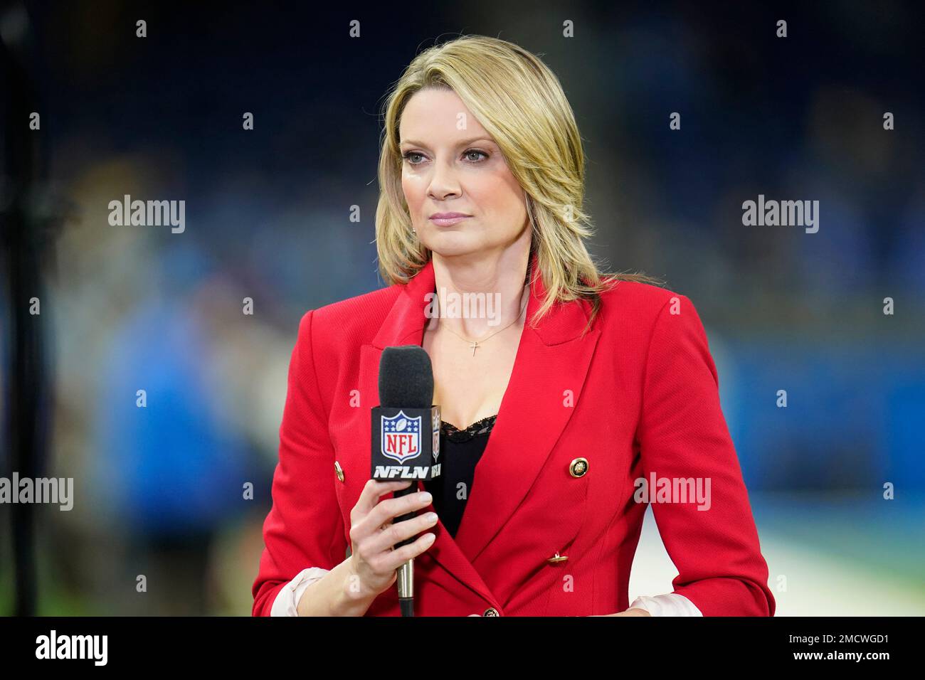NFL Network reporter Stacey Dales stands on the after during an NFL  football game between the Cleveland Browns and the Chicago Bears, Sunday,  Sept. 26, 2021, in Cleveland. (AP Photo/Kirk Irwin Stock