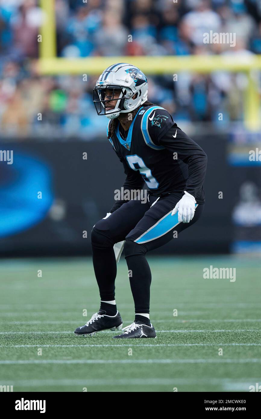 Carolina Panthers cornerback Stephon Gilmore (9) intercepts a pass intended  for Atlanta Falcons tight end Kyle Pitts (8) during the second half of an  NFL football game, Sunday, Oct. 31, 2021, in