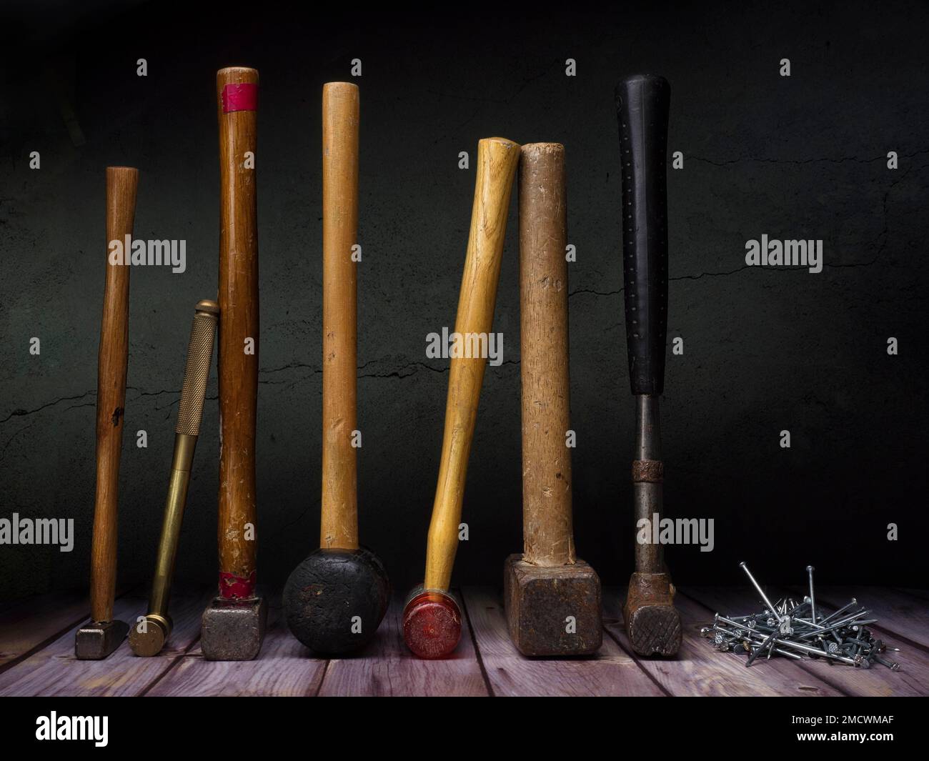 Topic Craft, work, tool, DIY, still life with various hammers and nails, studio shot, symbol photo Stock Photo