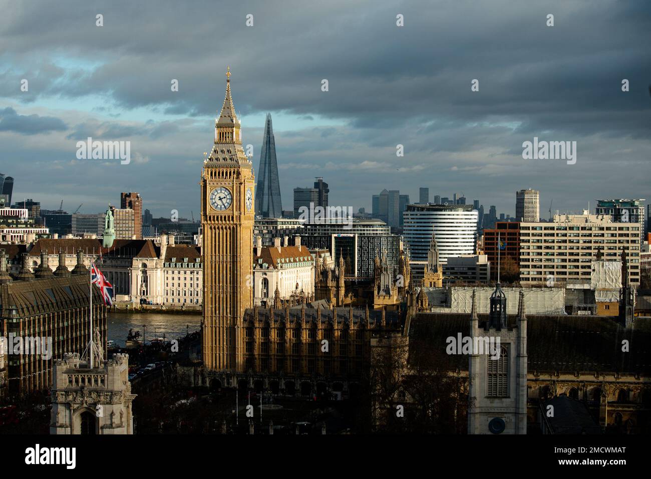 Palace of Westminster and the Shard from the roof of Methodist Central Hall Westminster. Stock Photo