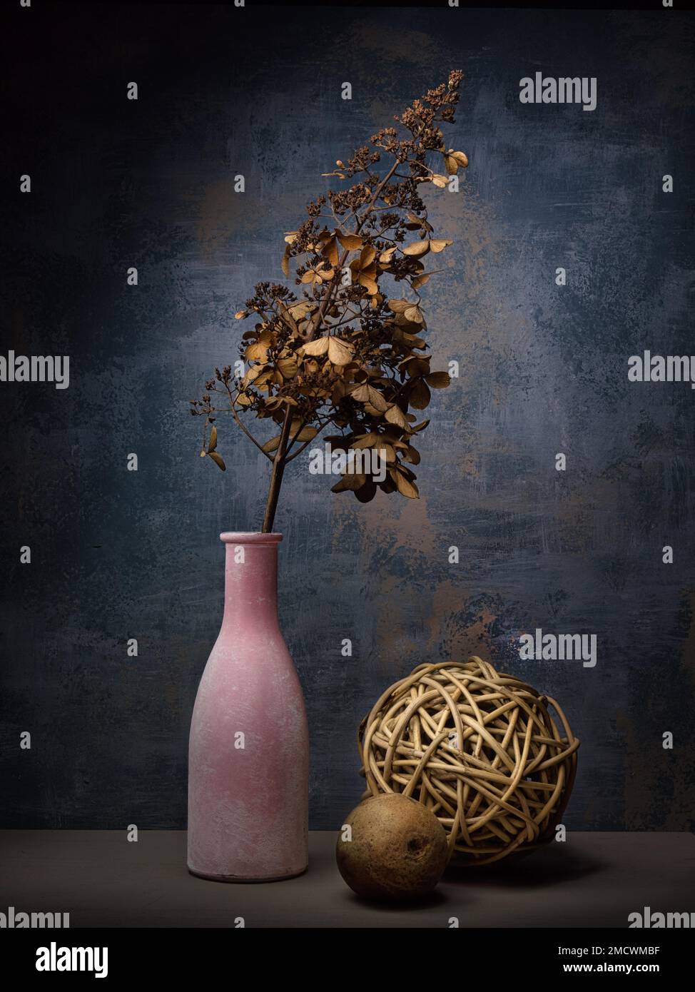 Theme Decoration, Still life with withered hydrangea in clay vase next