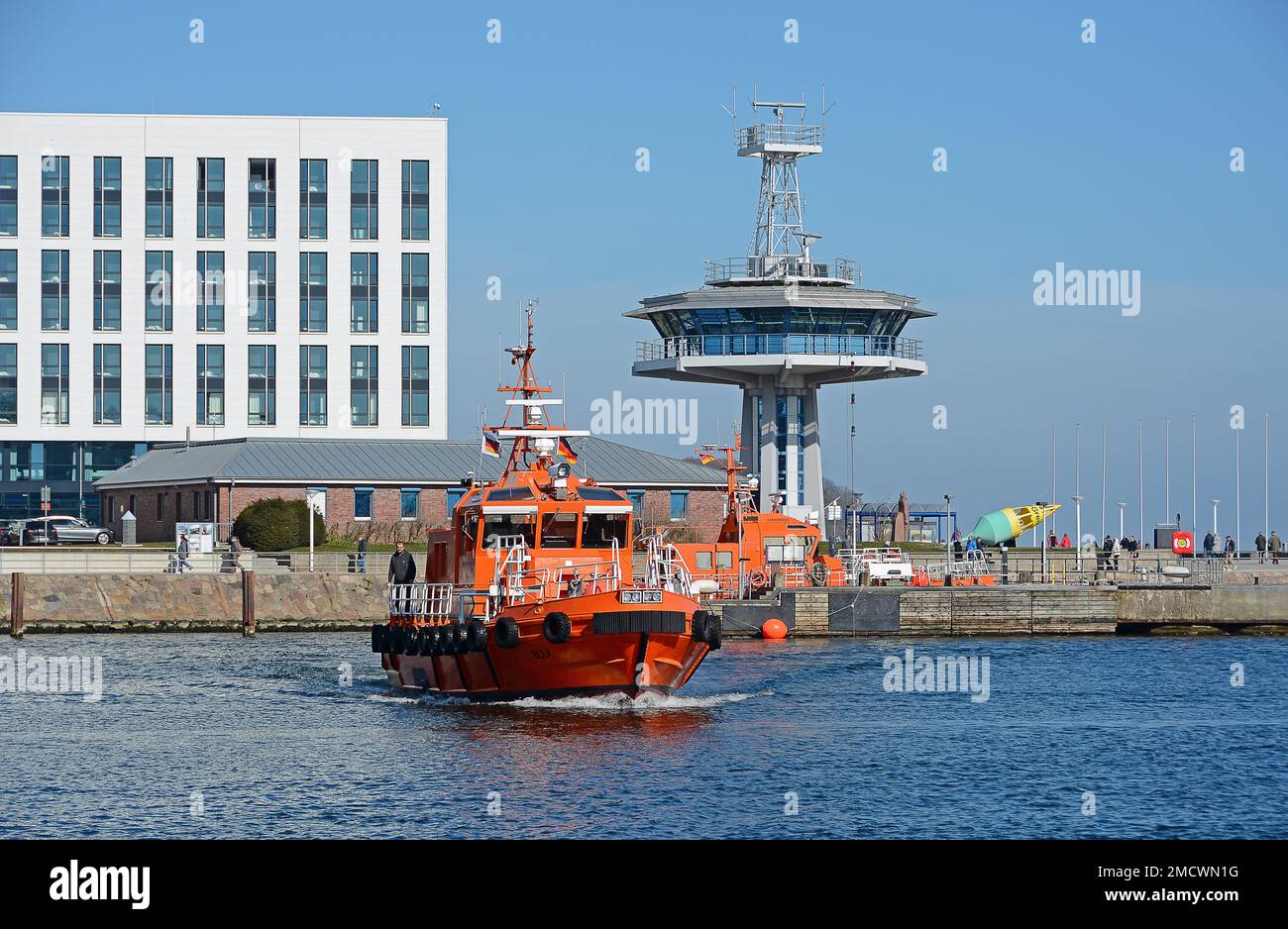 Pilot Boat and Navigation Tower, Travemuende, Schleswig-Holstein, Germany Stock Photo
