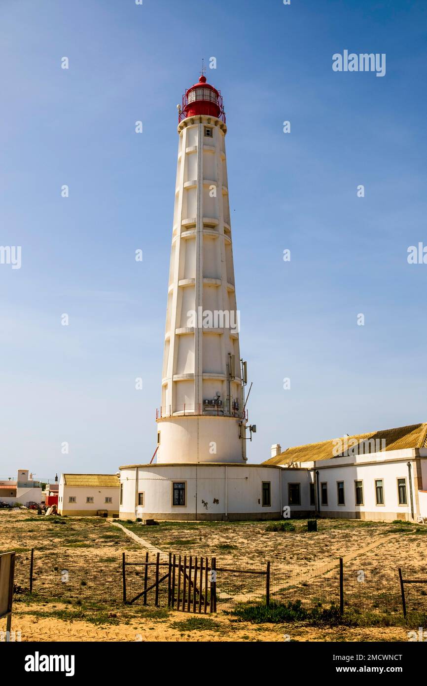 Lighthouse at Farol Island, Faro District, Algarve, south Portugal Stock Photo
