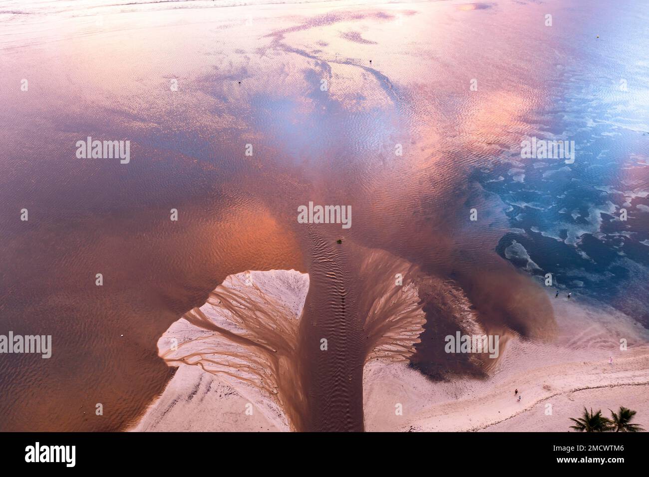 Aerial view, coast of Flic en Flac, a river washes muddy water into the