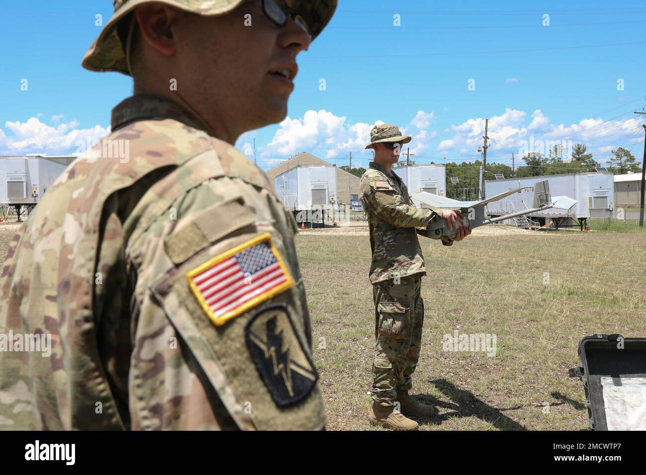 Soldiers of the 1st Squadron, 18th Cavalry Regiment, Alpha and Bravo Troop, practice operating the RQ-11 Raven at Joint Readiness Training Center, Fort Polk, Louisiana, July 10, 2022. JRTC provided various training opportunities for soldiers to learn and apply new skills involving technology and applied knowledge skill sets. Stock Photo