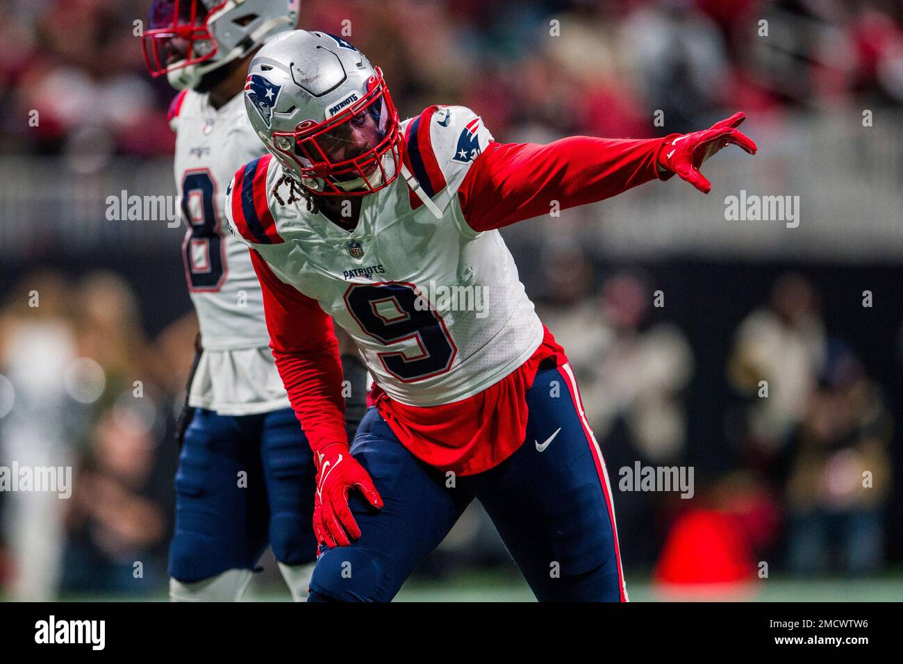 New England Patriots outside linebacker Matt Judon (9) lines up during the second half of an NFL football game against the Atlanta Falcons, Thursday, Nov. 18, 2021, in Atlanta. The New England Patriots won 25-0. (AP Photo/Danny Karnik) Stock Photo