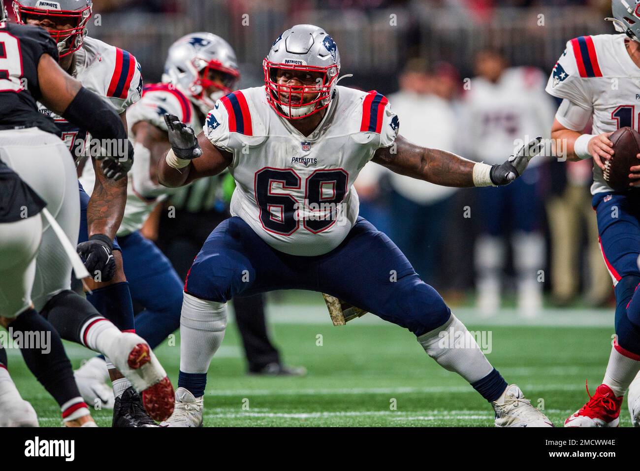 New England Patriots offensive guard Shaq Mason (69) on the line of  scrimmage during the second half of an NFL football game, Sunday, Sept. 12,  2021, in Foxborough, Mass. (AP Photo/Winslow Townson