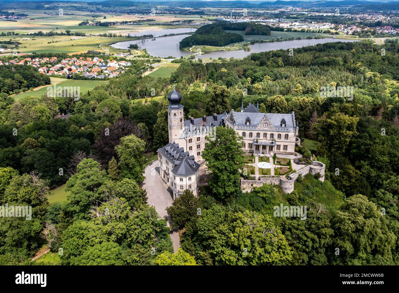 Aerial view, Callenberg Castle, hunting lodge and summer palace of the Dukes of Saxe-Coburg and Gotha, Coburg, Upper Franconia, Bavaria, Germany Stock Photo