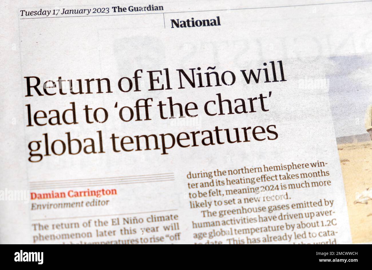 'Return of El Niño will lead to 'off the chart global temperatures' Guardian newspaper headline article clipping cutting 17 January 2023 London UK Stock Photo