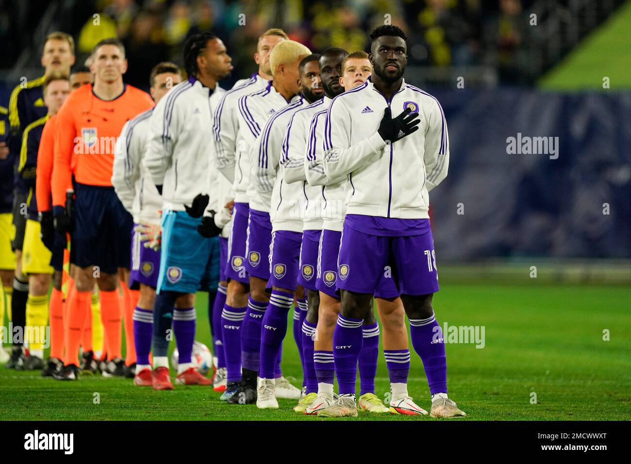 Orlando City Players Stand For The National Anthem Before An Mls Playoff Soccer Match Against Nashville Sc Tuesday Nov 23 21 In Nashville Tenn Ap Photo Mark Humphrey Stock Photo Alamy