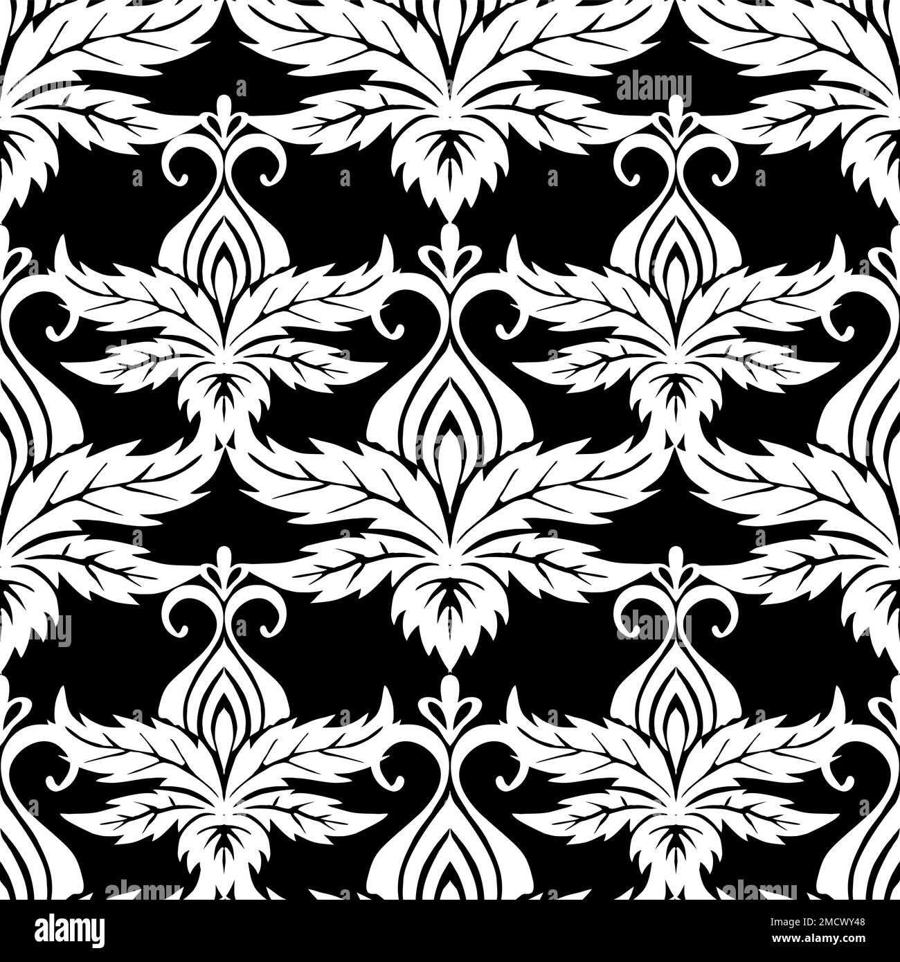 seamless symmetrical pattern of abstract white plant elements on a black background, texture, design Stock Photo