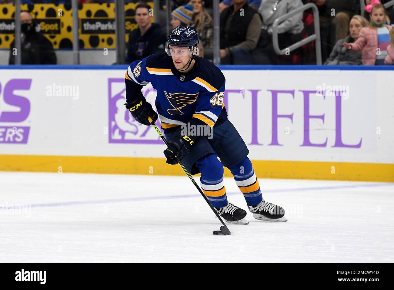 St. Louis Blues' Scott Perunovich (48) skates during the first period