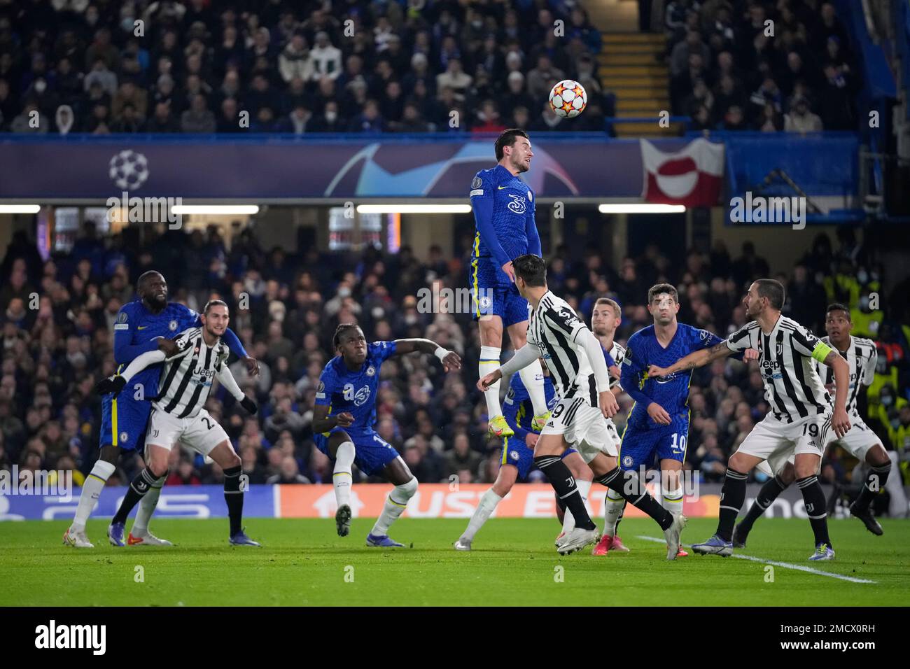 Chelsea's Ben Chilwell, top, heads the ball during the Champions League ...